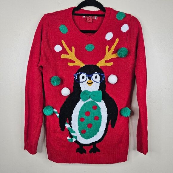 Ugh lee sweaters Christmas Penguin 3D Pom Poms & Sequins Sweater size  M - Picture 1 of 6